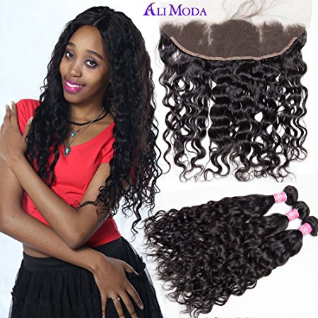 Unprocessed 8A Water Wave 3 Bundles With Ear to Ear Lace Frontal Closure Peruvian Virgin Human Hair Weave with 13x4 Inch Full Lace Frontal With Baby Hair 18 20 22 and 16inch