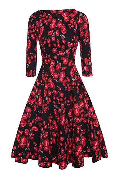 ACEVOG Women's 50s Hepburn Style Vintage Long Sleeve Floral Party Cocktail Evening Dress