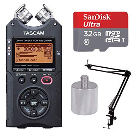 Tascam DR-40 Handheld 4-Track Recorder with 32 Gig Micro SD Card, Knox Boom Arm and Adapter