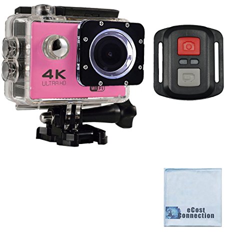 eCostConnection 4K Ultra HD 16MP WiFi Waterproof Sports Action Camera 2.0 (Pink) with Anti-Shake DSP and Wrist RF Remote   eCostConnection Microfiber Cloth