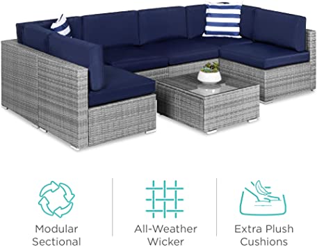 Best Choice Products 7-Piece Modular Outdoor Conversational Furniture Set, Wicker Sectional Sofas w/Cover - Gray/Navy