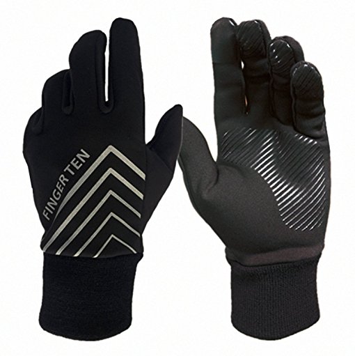Finger Ten Men and Women 3M Winter Warm Sport Run Gloves Black Fleece Waterproof Windproof Touchscreen Grip in Pair with Free Earband Gift Set