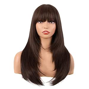 MapofBeauty 24 Inch/60 cm Long Straight Layered with Bangs Synthetic Hair Shoulder Length Daily Use Wig (Brown)