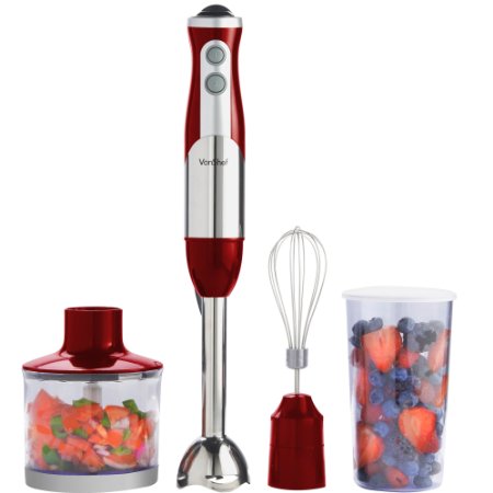 VonShef Multifunctional Red 3-in-1 Hand Blender Food Blending Collection Free 2 Year Warranty 800W Stainless Steel - Includes 500ml Food Processor Bowl Egg Whisk and 500ml Beaker
