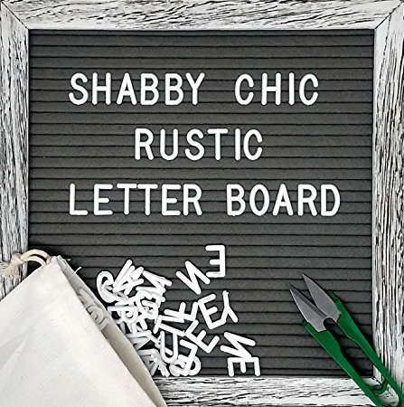 Felt Letter Board Set with 10x10 Inch, Shabby Chic Farmhouse Rustic Wood Frame, Gray Felt, Changeable Message with 370 White Letters, Emojis, Wall Hook, Canvas Bag, Stand and Scissors