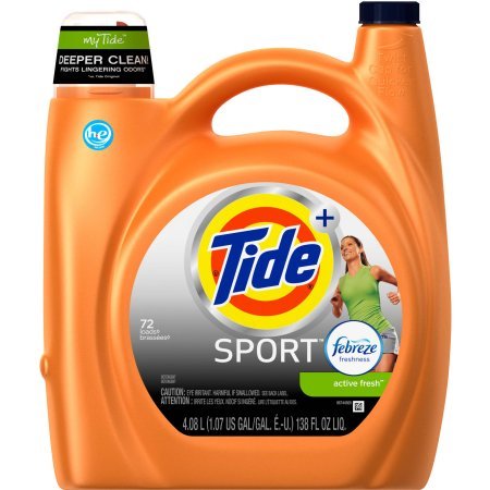 Tide Plus Febreze Sport Active Fresh Scent HE Turbo Clean Liquid Laundry Detergent, 3700087518,72 Loads 138 oz