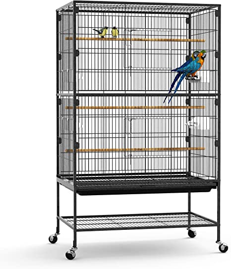 YINTATECH 52-inch Wrought Iron Flight Bird Parakeet Parrot Cage for Large Cockatiel, Canary, Finch, Lovebird, Parrotlet, Conure, Pigeons, African Grey Quaker, Birdcage with Rolling Stand