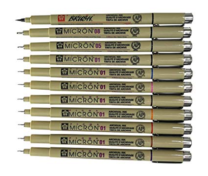 Sakura Pigma Micron Artist pens 12 Fineliner Archival Ink Black & Colors, 8 Assorted Colors with 4 Black (01, 05, 08, Brush Pen)