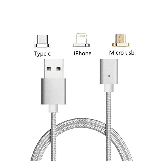 USB C Cable Magnetic,Animoeco Lightning USB C Micro 3 in 1 Multiple 2.4A Quick Charger Cable USB Nylon Braided For iPhone 7 7 plus/ 6 6s Plus/iPad Samsung Galaxy S6 S7 S8 plus Lg V20 (silver)