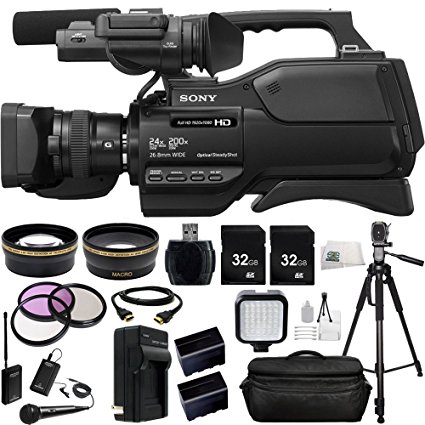 Sony HXR-MC2500 HXRMC2500 Shoulder Mount AVCHD Camcorder with 3-Inch LCD (Black)   Audio-Technica ATR288W VHF TwinMic System, .43x Wide Angle Lens, 2.2x Telephoto Lens, 3 Piece Multi-Coated Filter Kit, 2x 32GB SD Memory Cards, LED Video Light, HDMI Cable, 2 Replacement NP-F970 Batteries, Waterproof Carrying Case, 72 inch PRO Tripod   MORE