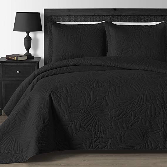 Comfy Bedding Extra Lightweight and Oversized Thermal Pressing Leafage 3-Piece Coverlet Set (King/Cal King, Black)