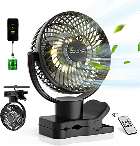 10000mAh Battery Operated Oscillating Fan with Remote, Rechargeable Camping Fan with LED Light, 4 Speeds, Power Bank, Hanging Hook, Clip On Fan for Tent, Desk, Stroller, Camping, Office, Home
