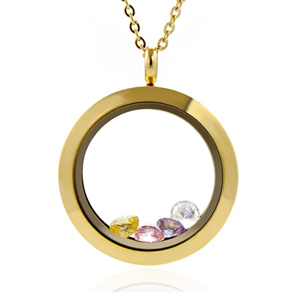 EVERLEAD Gold Living Memory Screw Floating Locket 316L Stainless Steel Toughened Glass Including Chain and Colorful Zircon
