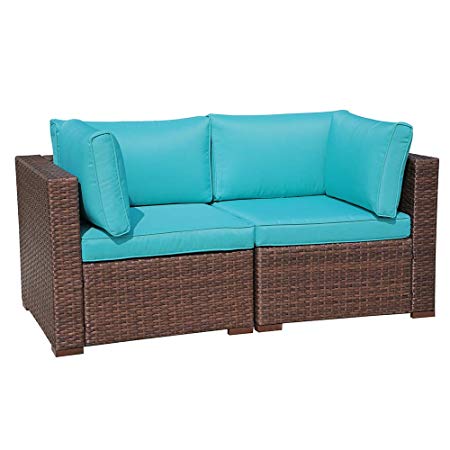 OC Orange-Casual Outdoor Couch Corner Sofa Chair for Patio Sectional Furniture Set All-Weather Wicker Love Seat with Back Seat Cushions, Brown Wicker & Turquoise Cushion