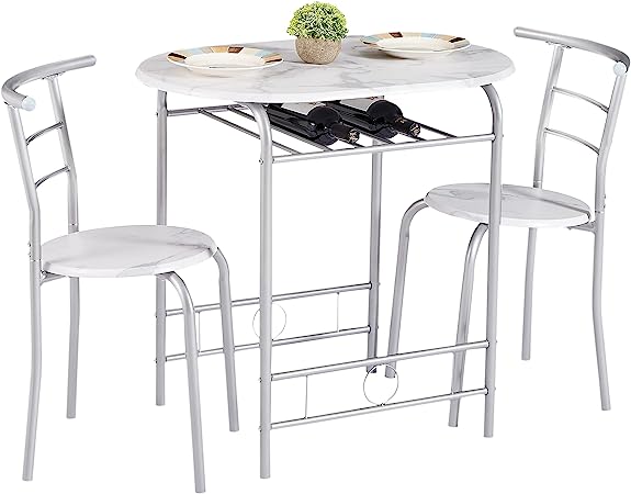 VECELO 3 Piece Small Round Dining Table Set for Kitchen Breakfast Nook, Wood Grain Tabletop with Wine Storage Rack, Save Space, 31.5", White & Silver