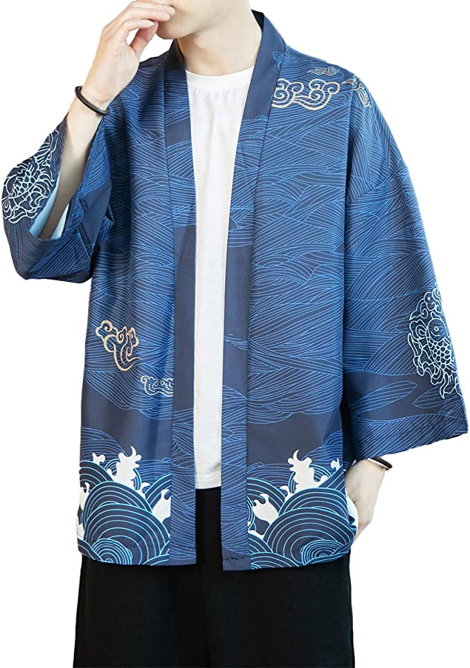 PRIJOUHE Men's Kimono Cardigan Jacket Japanese Style Flying Crane Seven Sleeves Open Front Coat