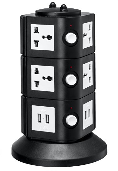 Universal Power Tower 10-12 Outlets   2-4 USB - 100v to 220v/250v and 2550 Watts Surge Protector - With Circuit Breaker - For Worldwide Use