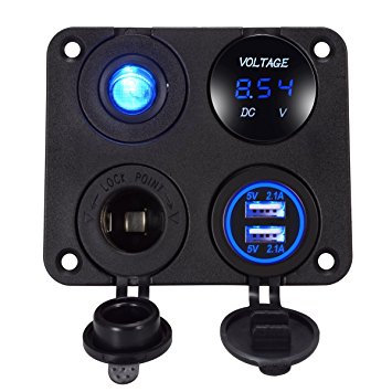 YonHan 4 in 1 Charger Socket Panel, Dual USB Socket Charger 2.1A   Blue LED Voltmeter   12V Power Outlet   ON-OFF Toggle Switch, Four Functions panel for Car Boat Marine RV Truck Camper Vehicles