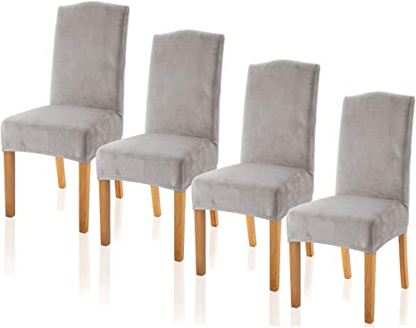 TIANSHU Velvet Dining Chair Cover Soft Stretch Dining Room Chair Slipcover Set of 4, Light Gray