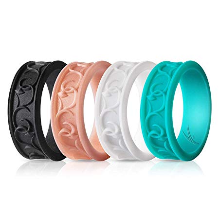 ROQ Silicone Wedding Ring for Women - 4 Pack & Singles Ornament Thin Silicone Rubber Wedding Band - Metallic and Matte Colors