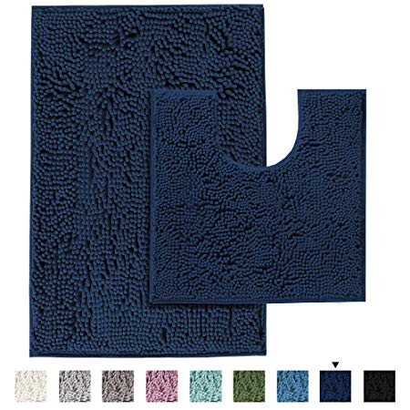 Bath Mats Non Slip for Bathroom Rugs Soft, Absorbent, Shaggy Microfiber,Machine-Washable Dry Fast Bedroom Area Rugs Perfect for Door Mat (32"x 20" and 20" x 20" U Shape, Navy)