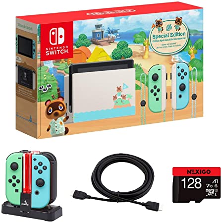 Nintendo 2020 Switch Console Family Christmas Holiday Bundle - Animal Crossing: New Horizons Edition   NexiGo_128GB MicroSD Card   4K HDMI Cable   Joy-Con and Pro Controllers Charging Dock Bundle