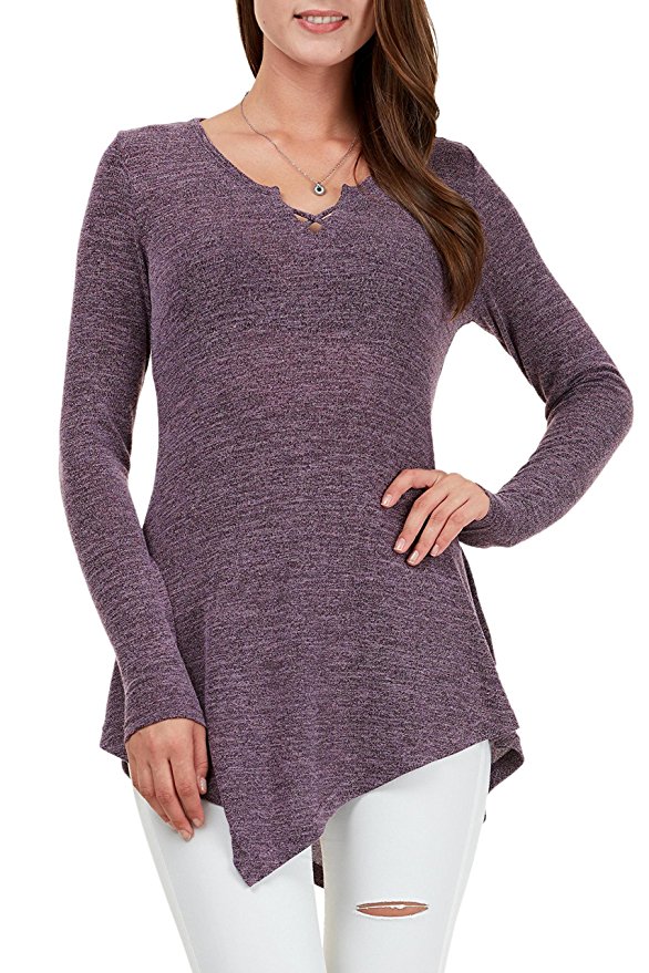 Fidus Women's Long Sleeve Round Neck Button Side Casual Loose Tunic Tops T-shirt