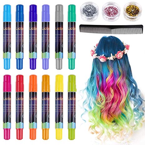 Lictin Hair Chalk Pens for Girls-Kids Hair Chalk Metallic Glitter Temporary Instant Hair Colour Pens Washable Hair Dye Pen, 12pcs Hair Chalk with 1pc Comb,3pcs Cosmetic Glitter and 8pcs Gloves