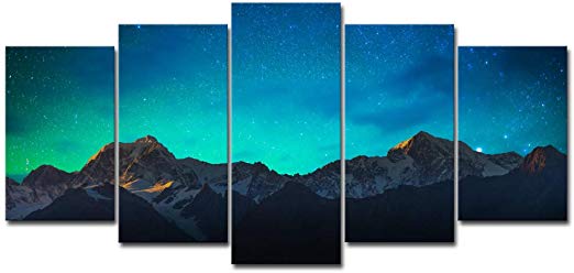 Wieco Art Canvas Prints Wall Art Mount Cook and Lake Matheson New Zealand with Milky Way Modern 5 Piece Giclee Artwork Starry Night Pictures Paintings for Bedroom Kitchen Living Room Home Decorations