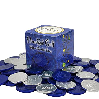 Hanukkah Chocolate Coins, Nut-Free, Belgian Blue and Silver Milk Chocolate Coin, Kosher Hanukkah Gelt in Gift Box (Half-Pound Pack)