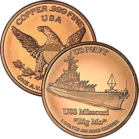 Jig Pro Shop Private Mint 1 oz .999 Pure Copper Round/Challenge Coin (USS Missouri Big Mo US Navy)