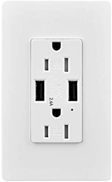 USB Outlet Receptacle, 2.4A High Speed Charger USB Ports with Smart Chip, 15 Amp Tamper Resistant Receptacle, Double Wall Panel Included, UL Listed, White