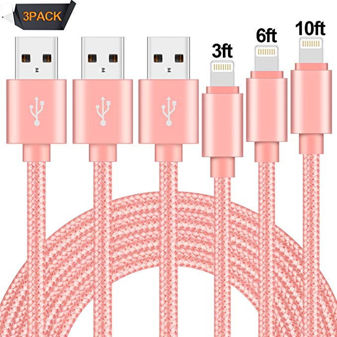 TAIKON Lightning Cable 3Pack 3FT 6FT 10FT Nylon Braided Certified iPhone Cable USB Cord Charging Charger for iPhone X 8 7 Plus 6S 6 SE 5S 5C 5, iPad 2 3 4 Mini Air Pro, iPod Nano 7 Pink