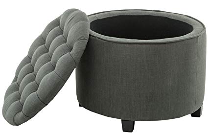 Fabric Tufted Round Storage Ottoman, Grey Foot Rest Stool Seat with Buttoned Removeable Lid & Wood Legs for Living Room/Bed Room/Hallway/Utility Room