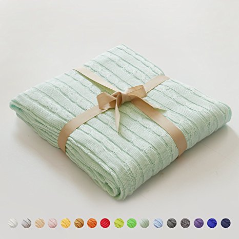 NTBAY 100% Cotton Cable Knit Throw Blanket Super Soft Warm Multi Color (51 x 67 inches, Light Cyan)