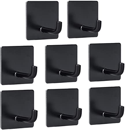 FKGIONG Adhesive Wall Hooks for Hanging Heavy Duty Wall Hangers Without Nails Kitchen Stainless Steel Towel Hooks for Bathrooms Shower Home Door Sticky Hook - Black 8 Pack
