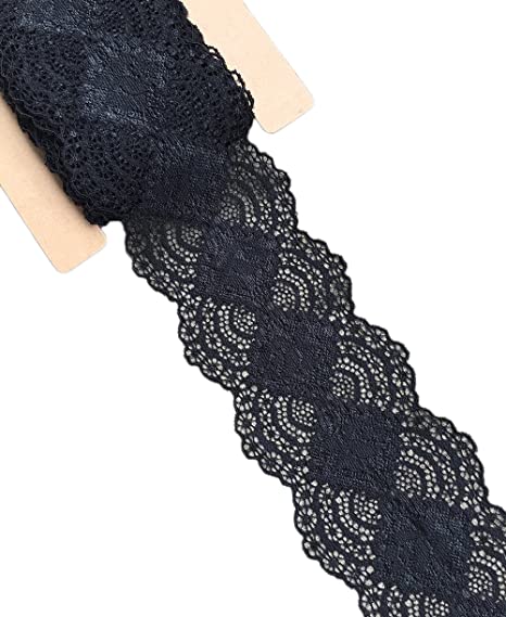 Lace Realm 3 Inch Wide Stretch Floral Pattern Lace Ribbon Trim Lace for Headbands Garters & Crafts - 5 Yard (5508 Black 5yd)