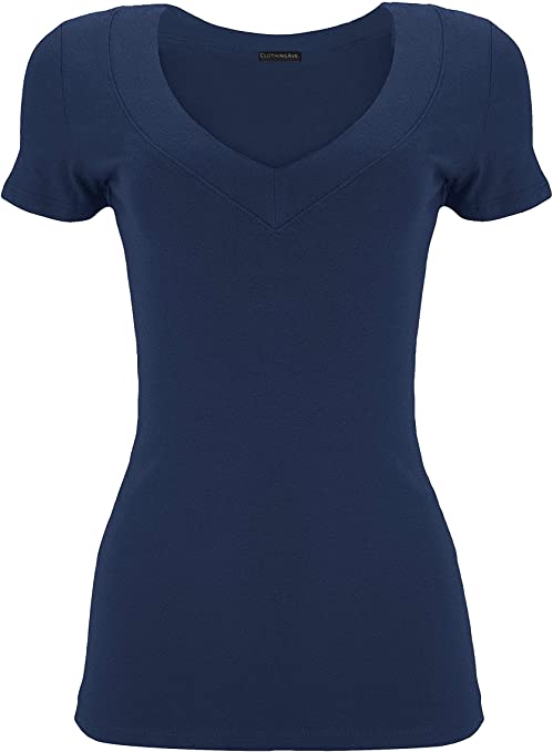 ClothingAve. Women's Deep V Neck Short/Long Sleeve Wideband T Shirt Casual Basic Tops Slim Fit