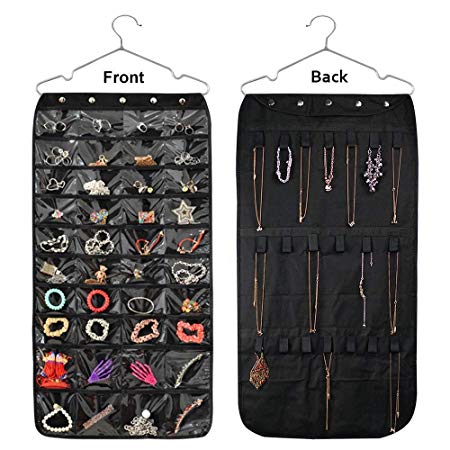 Beaverve Hanging Jewelry Organizer, Double Sided 40 Pockets and 20 Magic Tape Hook Jewelry Organizer, Necklace Holder Jewelry Chain Organizer for Earrings Necklace Bracelet Ring with Hanger, Black