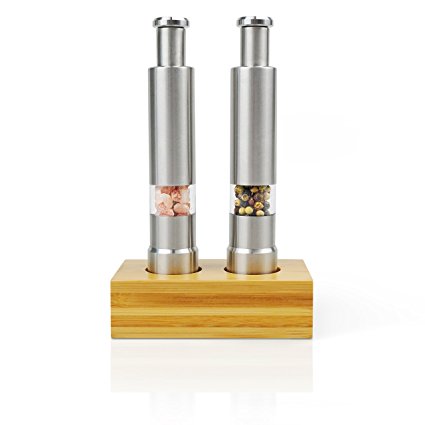 Salt and Pepper Grinder Set with Wood Stand - Wooden Bamboo Stand Designer Base With Easy Pump and Grind Salt and Pepper Shaker Set Stainless Steel