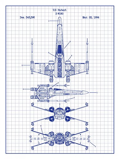 Star Wars Assorted Design Patent Art Poster 18 x 24 inch Silk Screen Prints (Star Wars Vehicles: X-Wing B - White Grid)