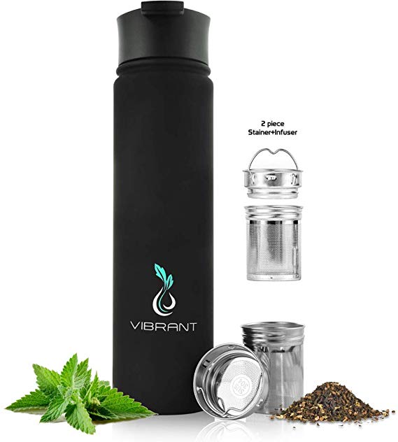 Vibrant All in ONE Travel Mug (NEW FLIP TOP) - Tea Infuser Bottle - Insulated HOT Coffee Thermos - Cold Fruit Infused Water Flask - Food Grade Leak Proof Tumbler Double Wall Stainless Steel 25 oz