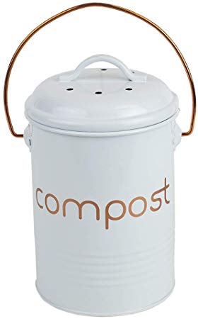 Home Basics Grove Compact Countertop Compost Bin Bucket for Kitchen Food Scraps with Lid Durable Steel and Easy to Use Handle, White