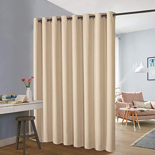 PONY DANCE Room Divider Partitions - Curtains Screen Wide Grommet Blackout Curtain Panels Privacy Protect for Office, Loft, Dorm, Hotel, 8ft Tall and 15ft Wide, Biscotti Beige, 1 Piece