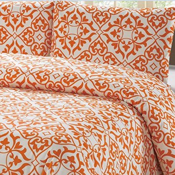 100% Cotton Orange Damask Pattern Duvet Cover Set Full/queen on White Background "Duvet Cover and 2 Pillowcases Included"
