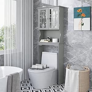 Giantex Over-The-Toilet Storage Spacesaver, Bathroom Organizer with 2 Glass Door Cabinet and Shelf, above Toilet Standing Rack (Grey)