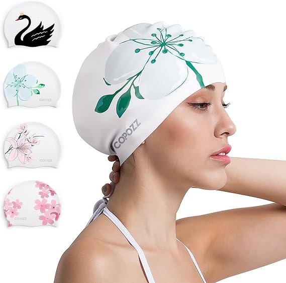 COPOZZ Silicone Swim Cap for Women, Protecting Hair and Ears, Suitable for Women with Long Hair to Keep Hair Dry