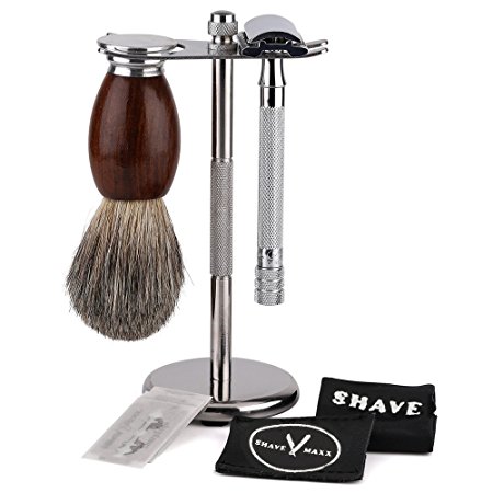 ShaveMaxx, Shaving Gift Set, Stand, Safety Razor (Long Handled), 100% Badger Brush, Blades, Blade Guard, Polishing Towel, Well Presented Gift Box,