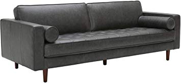 Rivet Aiden Mid-Century Leather Sofa with Tapered Wood Legs, 87"W, Black