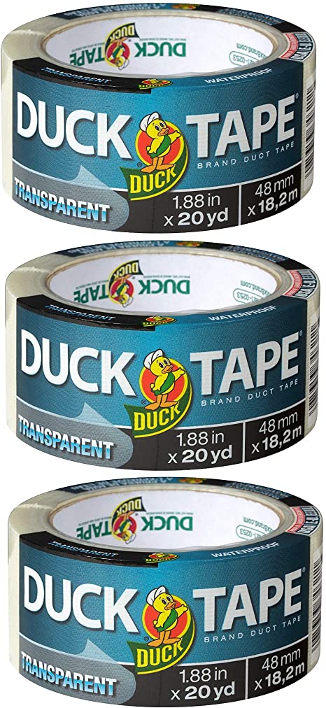 Duck Brand 241414 Single Roll Transparent Duct Tape, 1.88" x 20 yd, Clear, 3 Pack